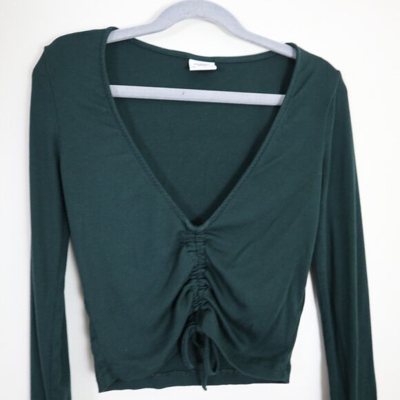 Aritzia Sunday Best Size XXS Vida Long Sleeve Crop Top Ribbed Green Ruched Front - Picture 3 of 10